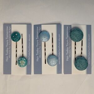 NWT 3 Pairs Bobby Pin Barrettes Handmade Blue Brocade Fabric Buttons Pearls